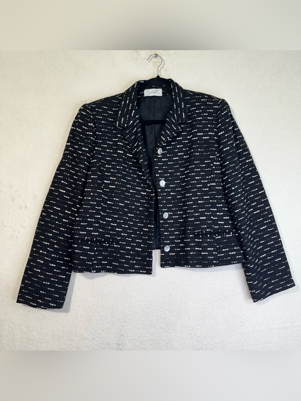 Soiree Handwoven Silk Black & White Textured Tweed Blazer Bomber Jacket 80s VTG
